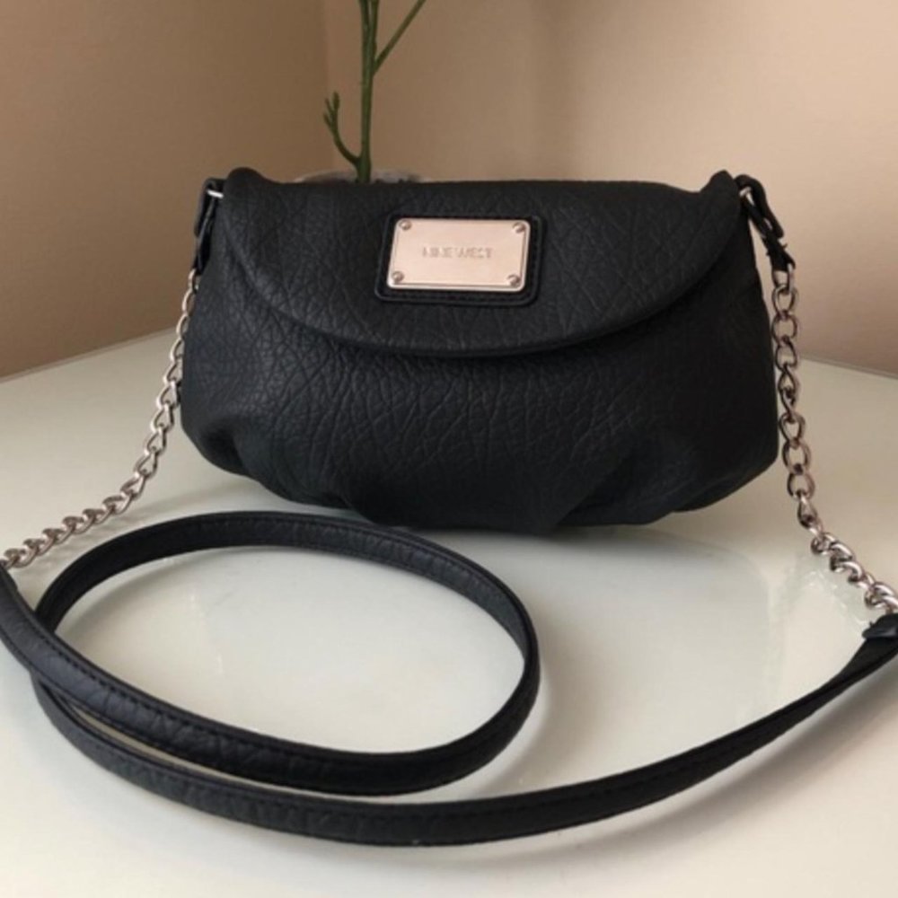 Nine West Archie Chain Crossbody Flap Bag in Black Faux Leather